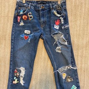Zara Vintage Patched Ripped Jeans Dark Wash